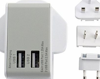 Jeasun Worldwide Travel Adapter, Sourcingbay International Plug [US UK EU] 2.5A 12W AC Power Charger Universal World Wall Adapter with Dual USB Charging Ports (Interchangeable) White